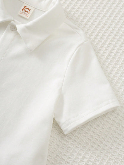 Cozy Pixies Baby Boy Baby Boy Khaki Knit Soft Waffle Fabric Horse Logo Embroidered Gentleman Vest White Short Sleeve Shirt Elastic Waist Shorts 3pcs Set Suitable For Summer Autumn All Seasons Multiple