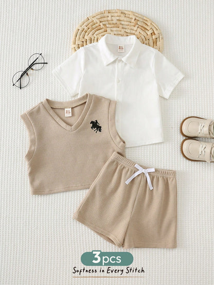 Cozy Pixies Baby Boy Baby Boy Khaki Knit Soft Waffle Fabric Horse Logo Embroidered Gentleman Vest White Short Sleeve Shirt Elastic Waist Shorts 3pcs Set Suitable For Summer Autumn All Seasons Multiple
