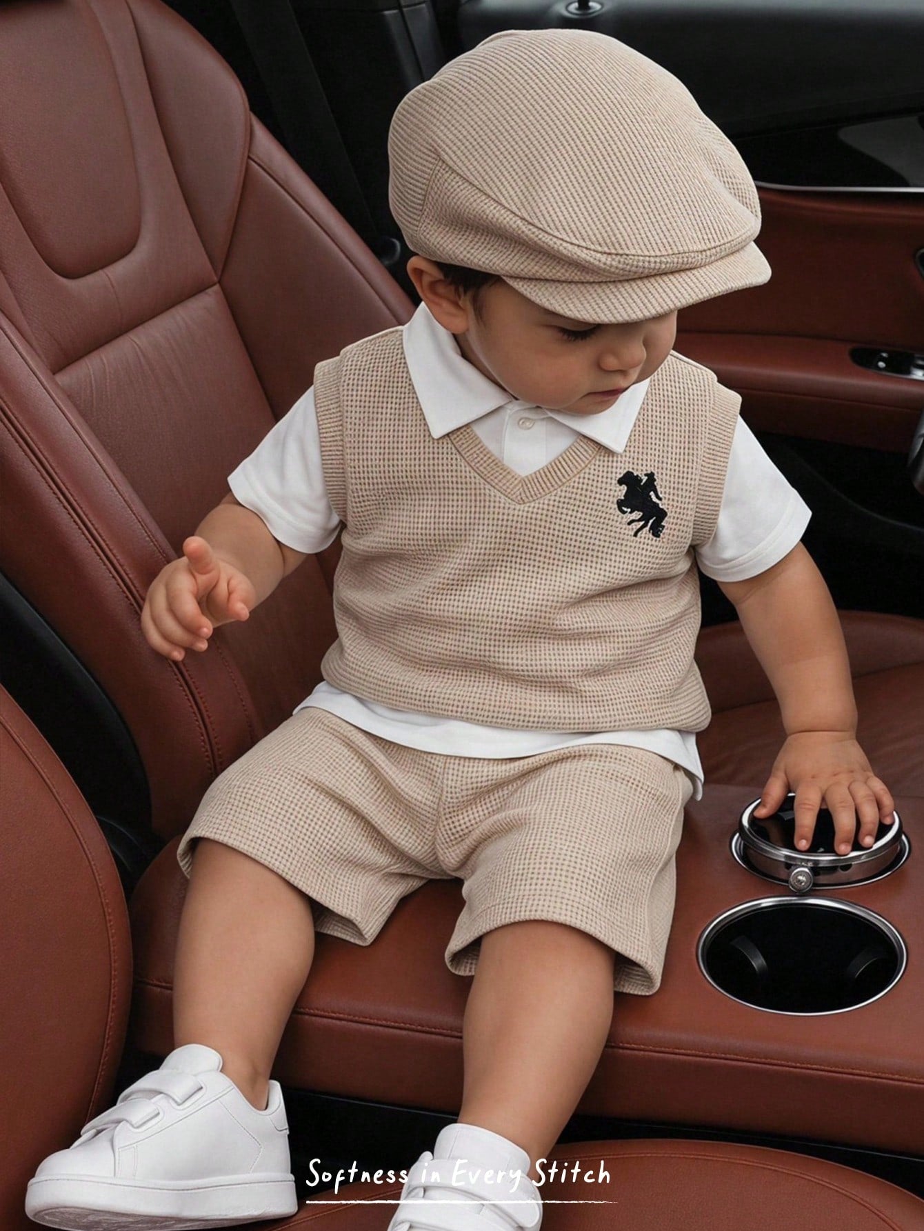 Cozy Pixies Baby Boy Baby Boy Khaki Knit Soft Waffle Fabric Horse Logo Embroidered Gentleman Vest White Short Sleeve Shirt Elastic Waist Shorts 3pcs Set Suitable For Summer Autumn All Seasons Multiple
