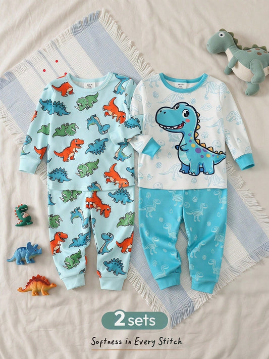 Cozy Pixies Baby Boy Cartoon Animal Print Knit Soft Round Neck Long Sleeve Top And Elastic Waist Long Pants 2-Piece Snug Fit Pajama Set
