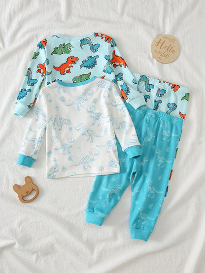 Cozy Pixies Baby Boy Cartoon Animal Print Knit Soft Round Neck Long Sleeve Top And Elastic Waist Long Pants 2-Piece Snug Fit Pajama Set