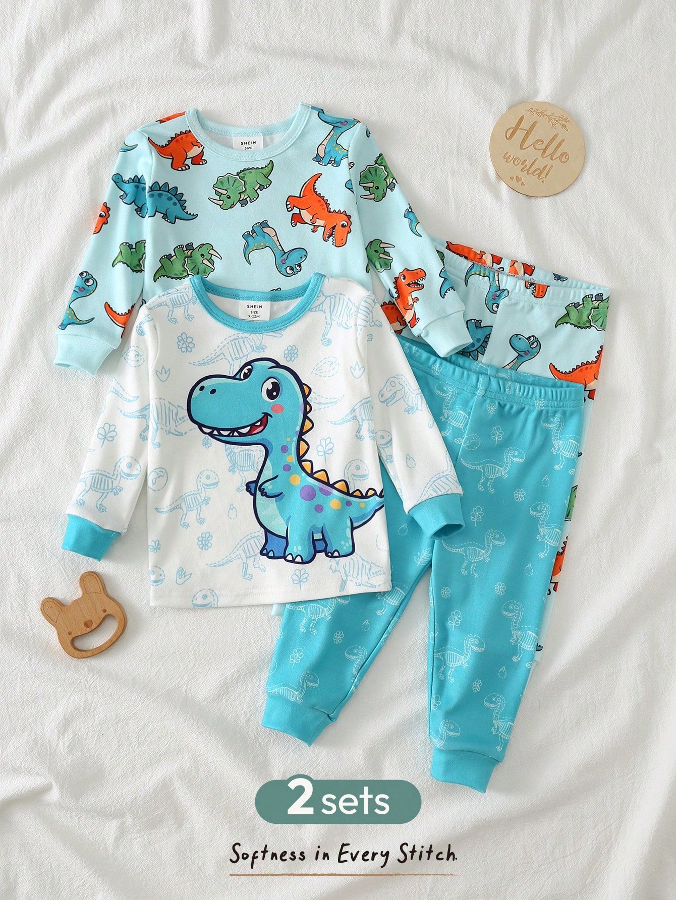 Cozy Pixies Baby Boy Cartoon Animal Print Knit Soft Round Neck Long Sleeve Top And Elastic Waist Long Pants 2-Piece Snug Fit Pajama Set