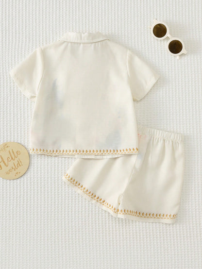 Cozy Pixies Baby Boy Floral Print Polo Collar Short Sleeve Shirt And Elastic Waist Shorts 2-Piece Set