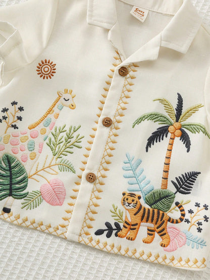 Cozy Pixies Baby Boy Floral Print Polo Collar Short Sleeve Shirt And Elastic Waist Shorts 2-Piece Set