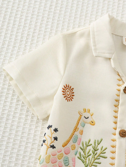 Cozy Pixies Baby Boy Floral Print Polo Collar Short Sleeve Shirt And Elastic Waist Shorts 2-Piece Set