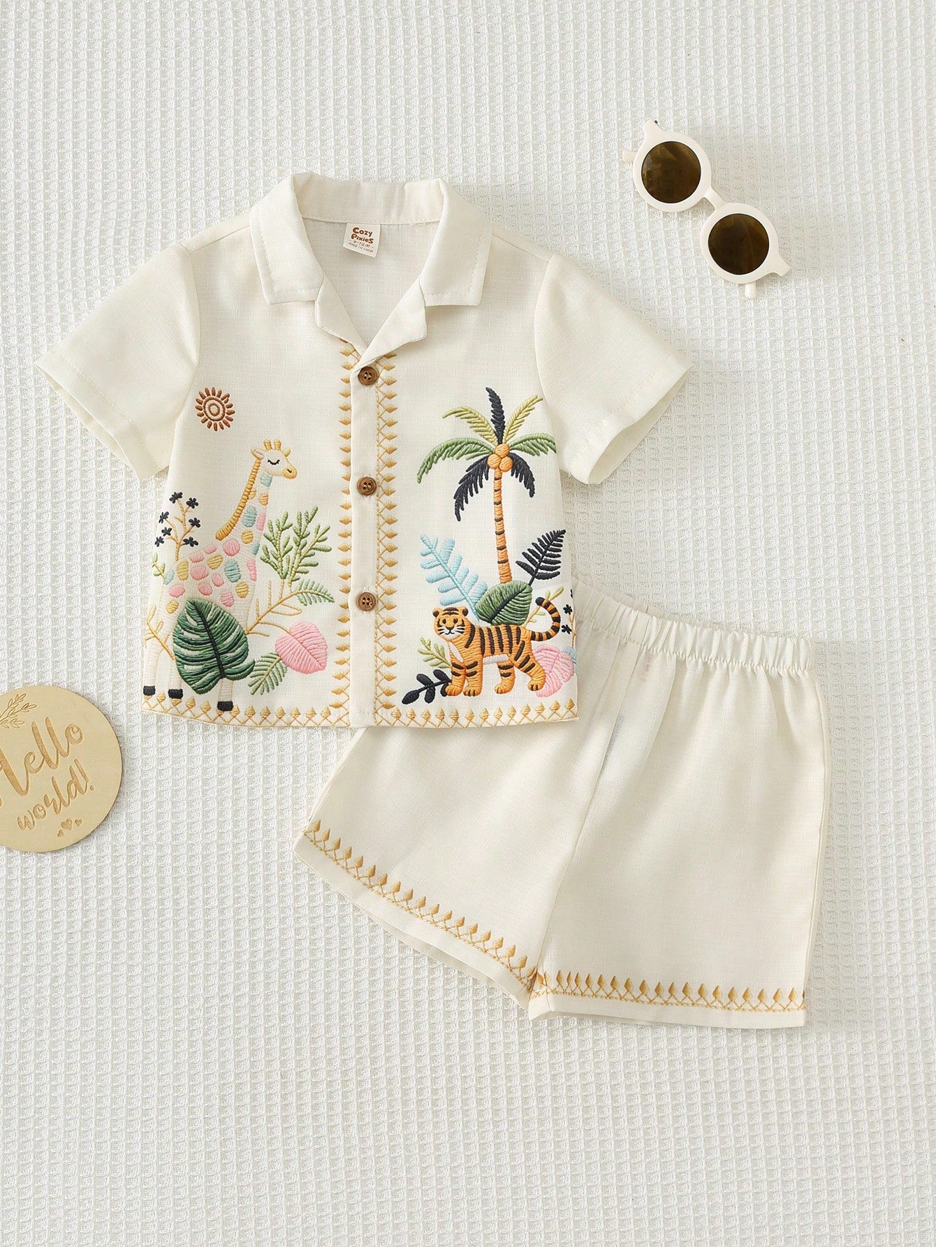 Cozy Pixies Baby Boy Floral Print Polo Collar Short Sleeve Shirt And Elastic Waist Shorts 2-Piece Set