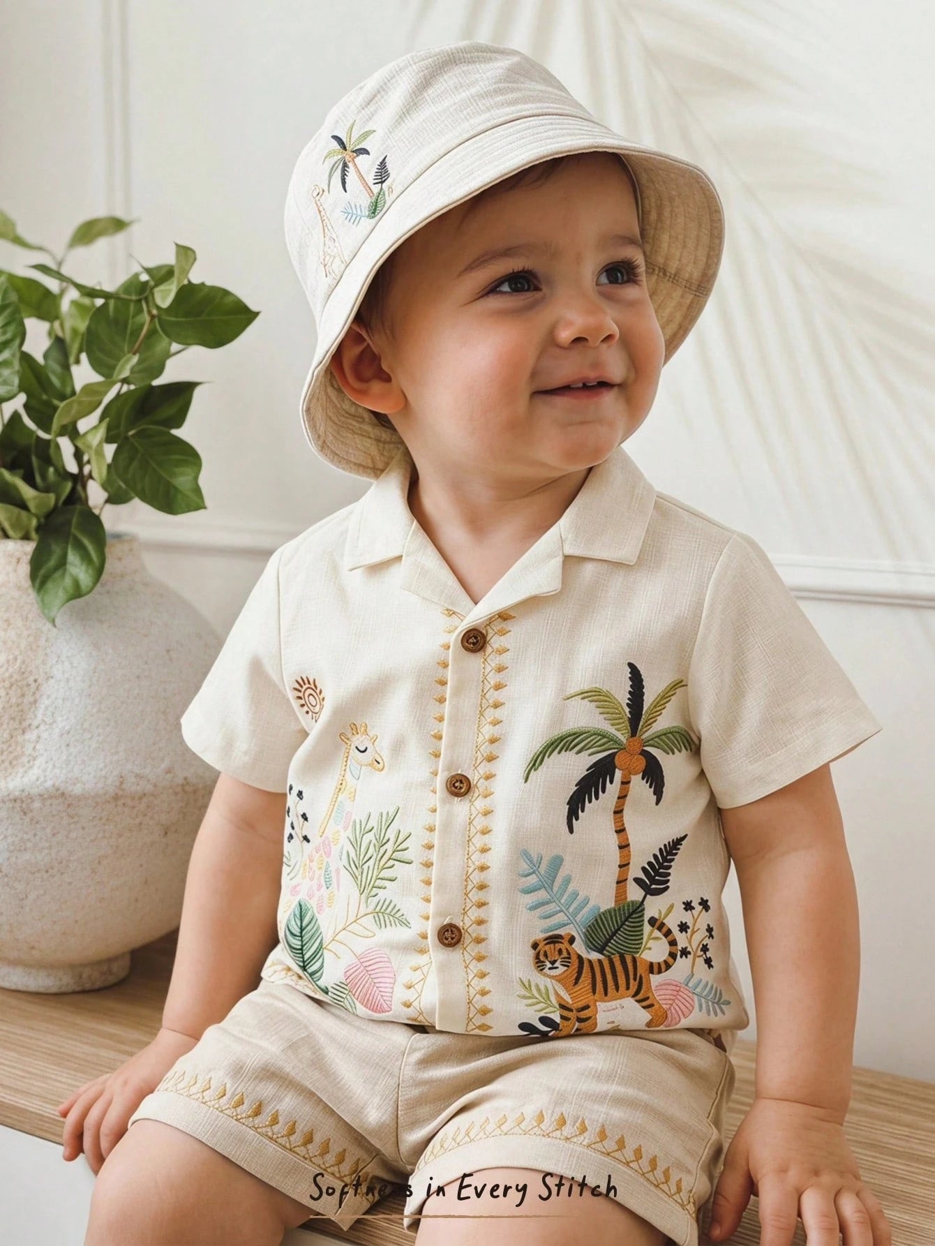 Cozy Pixies Baby Boy Floral Print Polo Collar Short Sleeve Shirt And Elastic Waist Shorts 2-Piece Set