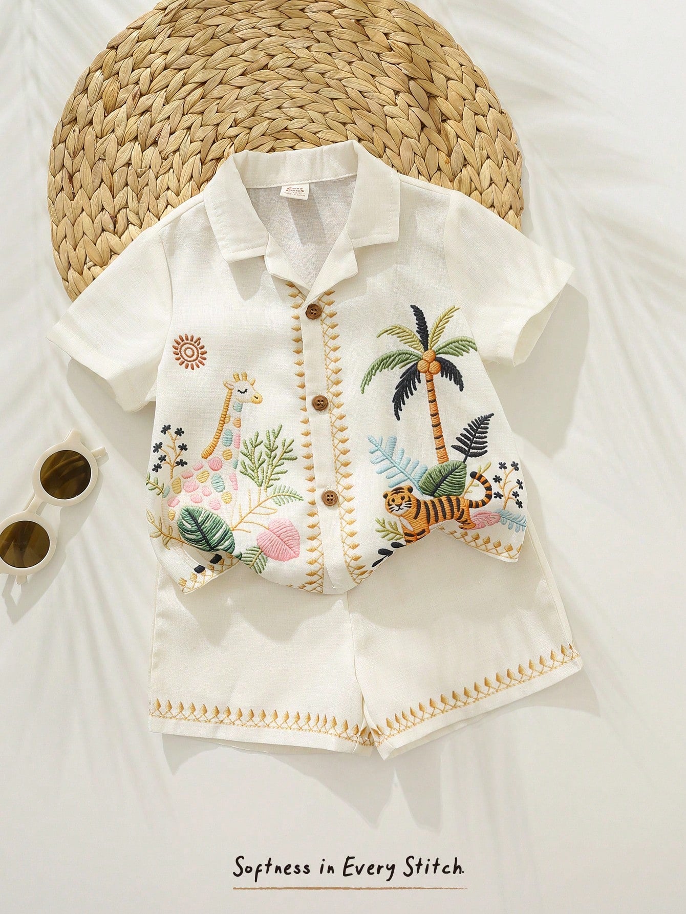 Cozy Pixies Baby Boy Floral Print Polo Collar Short Sleeve Shirt And Elastic Waist Shorts 2-Piece Set