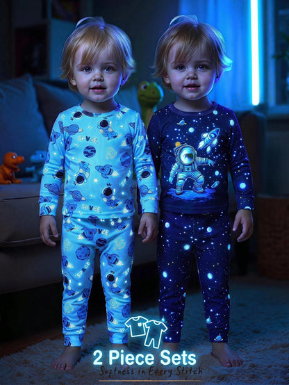Cozy Pixies Baby Boys Pajamas 4pcs/Set Soft Knitted Astronaut Universe Glow-In-The-Dark Pattern Crew Neck Long Sleeve Top And Pants Fitted Loungewear Sleepwear Set