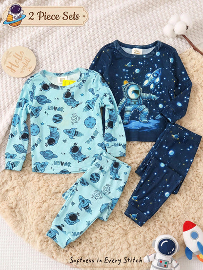 Cozy Pixies Baby Boys Pajamas 4pcs/Set Soft Knitted Astronaut Universe Glow-In-The-Dark Pattern Crew Neck Long Sleeve Top And Pants Fitted Loungewear Sleepwear Set