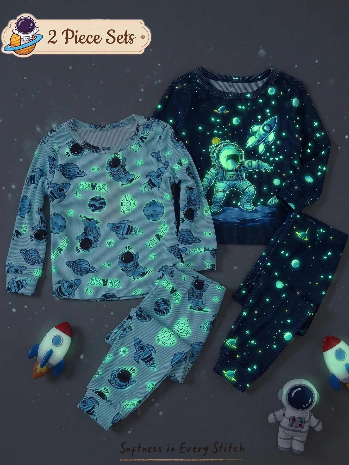 Cozy Pixies Baby Boys Pajamas 4pcs/Set Soft Knitted Astronaut Universe Glow-In-The-Dark Pattern Crew Neck Long Sleeve Top And Pants Fitted Loungewear Sleepwear Set