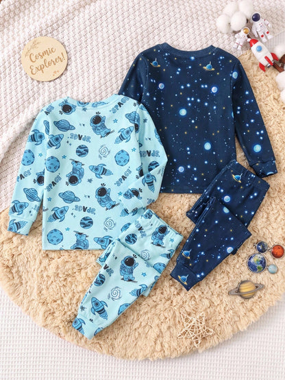 Cozy Pixies Baby Boys Pajamas 4pcs/Set Soft Knitted Astronaut Universe Glow-In-The-Dark Pattern Crew Neck Long Sleeve Top And Pants Fitted Loungewear Sleepwear Set