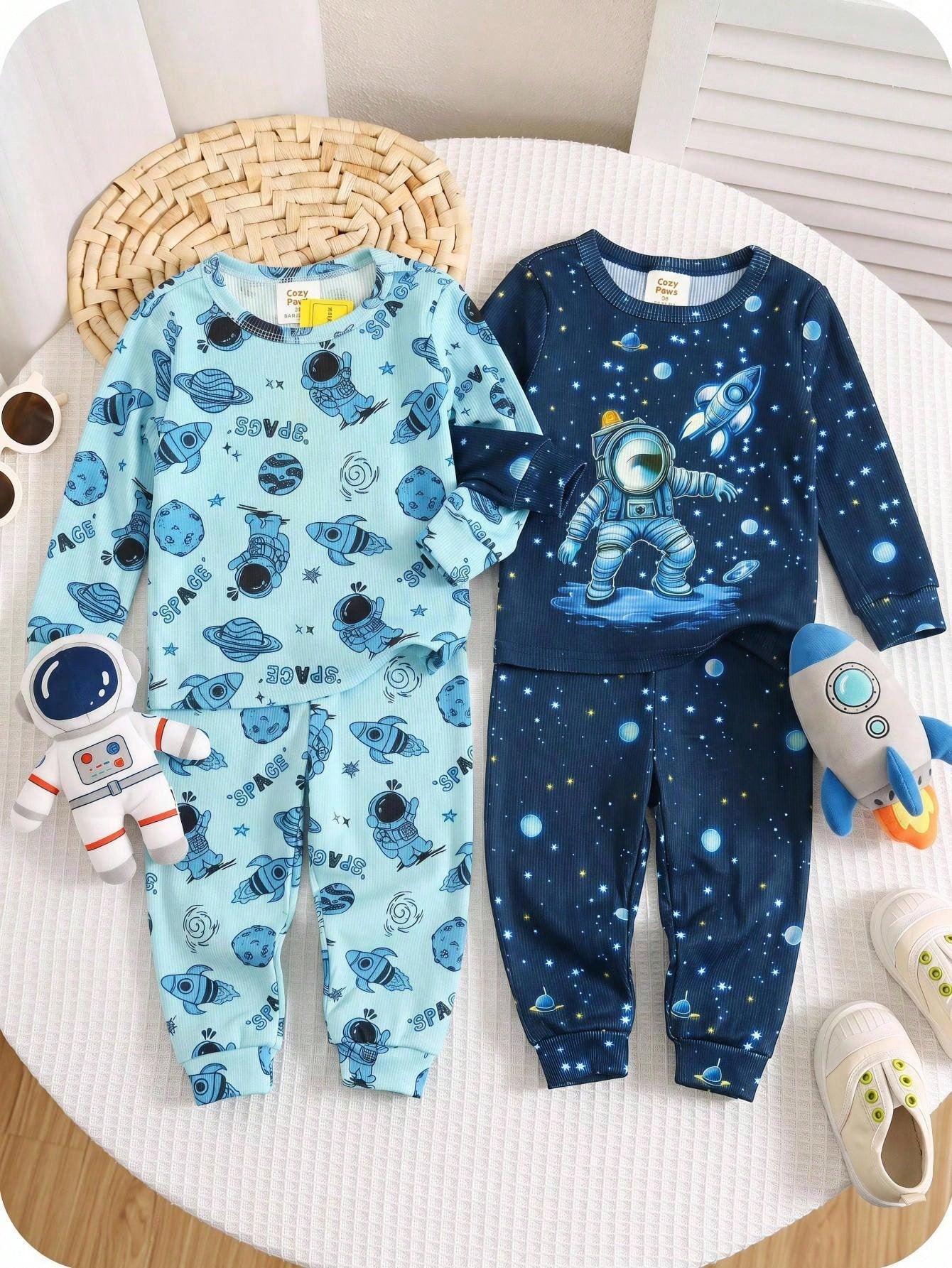Cozy Pixies Baby Boys Pajamas 4pcs/Set Soft Knitted Astronaut Universe Glow-In-The-Dark Pattern Crew Neck Long Sleeve Top And Pants Fitted Loungewear Sleepwear Set