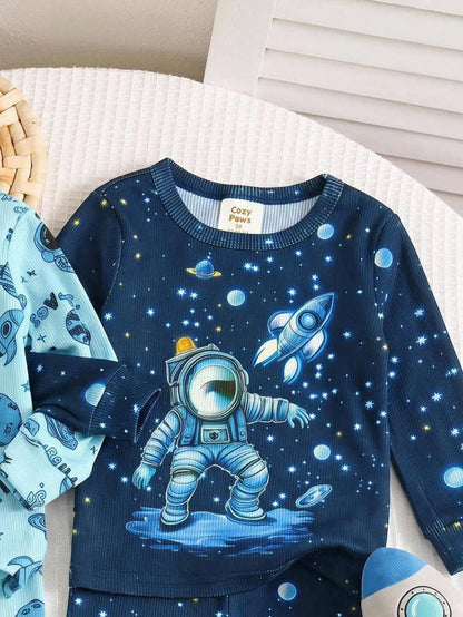Cozy Pixies Baby Boys Pajamas 4pcs/Set Soft Knitted Astronaut Universe Glow-In-The-Dark Pattern Crew Neck Long Sleeve Top And Pants Fitted Loungewear Sleepwear Set