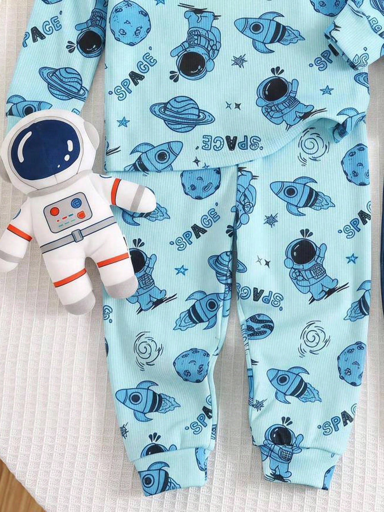 Cozy Pixies Baby Boys Pajamas 4pcs/Set Soft Knitted Astronaut Universe Glow-In-The-Dark Pattern Crew Neck Long Sleeve Top And Pants Fitted Loungewear Sleepwear Set