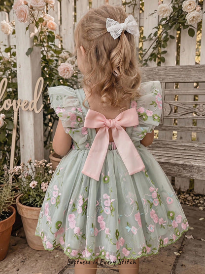 Cozy Pixies Baby Girl Toddler Girl Floral Embroidered Mesh Backless Butterfly Decor Sweetheart Neck Sleeveless Sage Green Summer Cute Flower Girl Princess Dress