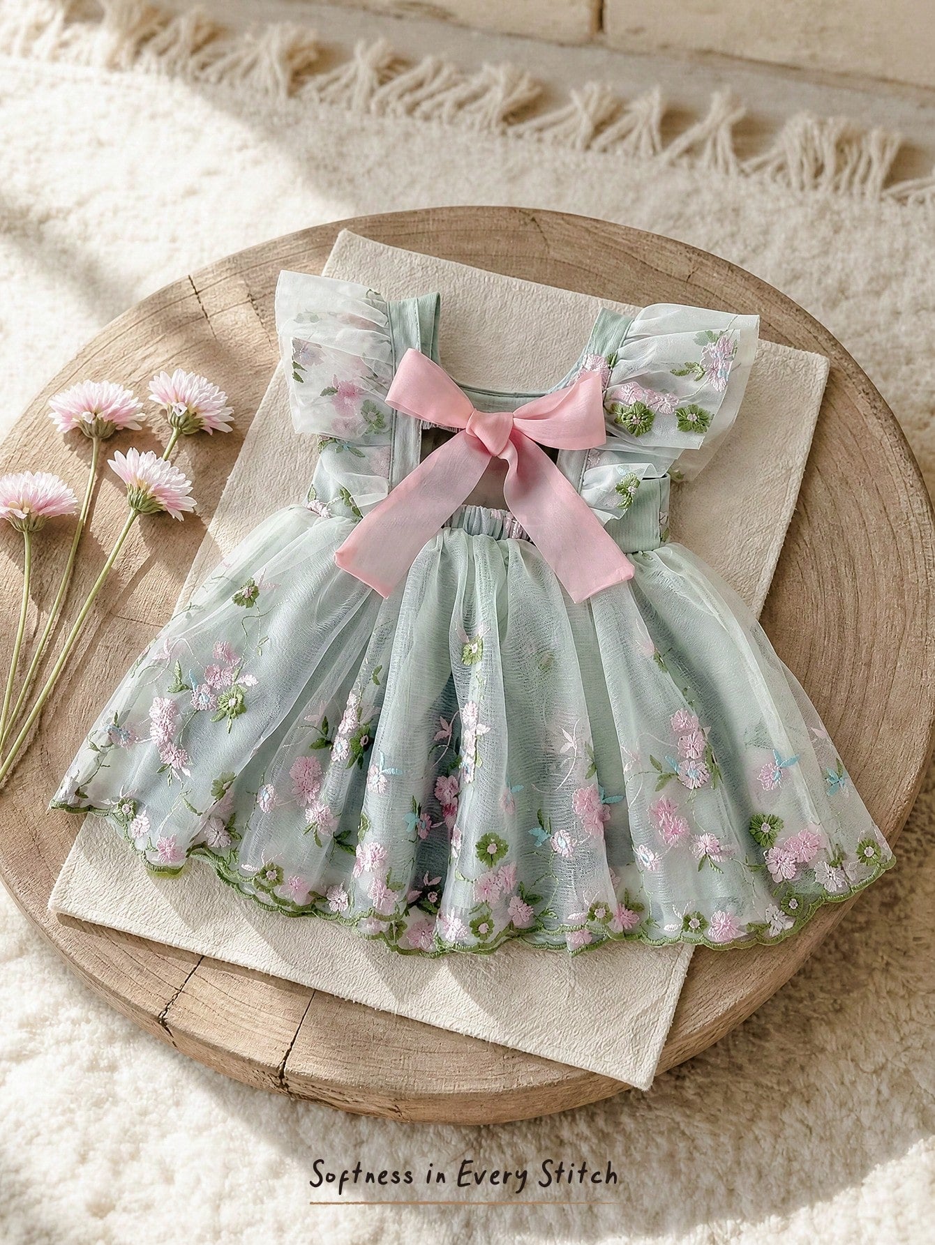 Cozy Pixies Baby Girl Toddler Girl Floral Embroidered Mesh Backless Butterfly Decor Sweetheart Neck Sleeveless Sage Green Summer Cute Flower Girl Princess Dress