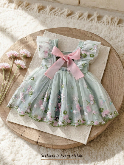 Cozy Pixies Baby Girl Toddler Girl Floral Embroidered Mesh Backless Butterfly Decor Sweetheart Neck Sleeveless Sage Green Summer Cute Flower Girl Princess Dress