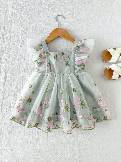 Cozy Pixies Baby Girl Toddler Girl Floral Embroidered Mesh Backless Butterfly Decor Sweetheart Neck Sleeveless Sage Green Summer Cute Flower Girl Princess Dress