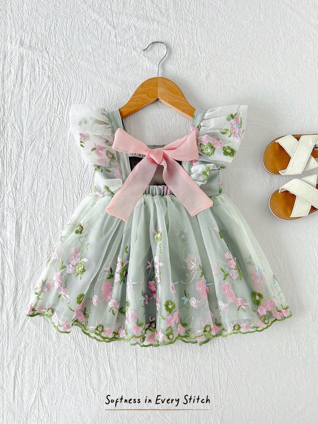 Cozy Pixies Baby Girl Toddler Girl Floral Embroidered Mesh Backless Butterfly Decor Sweetheart Neck Sleeveless Sage Green Summer Cute Flower Girl Princess Dress