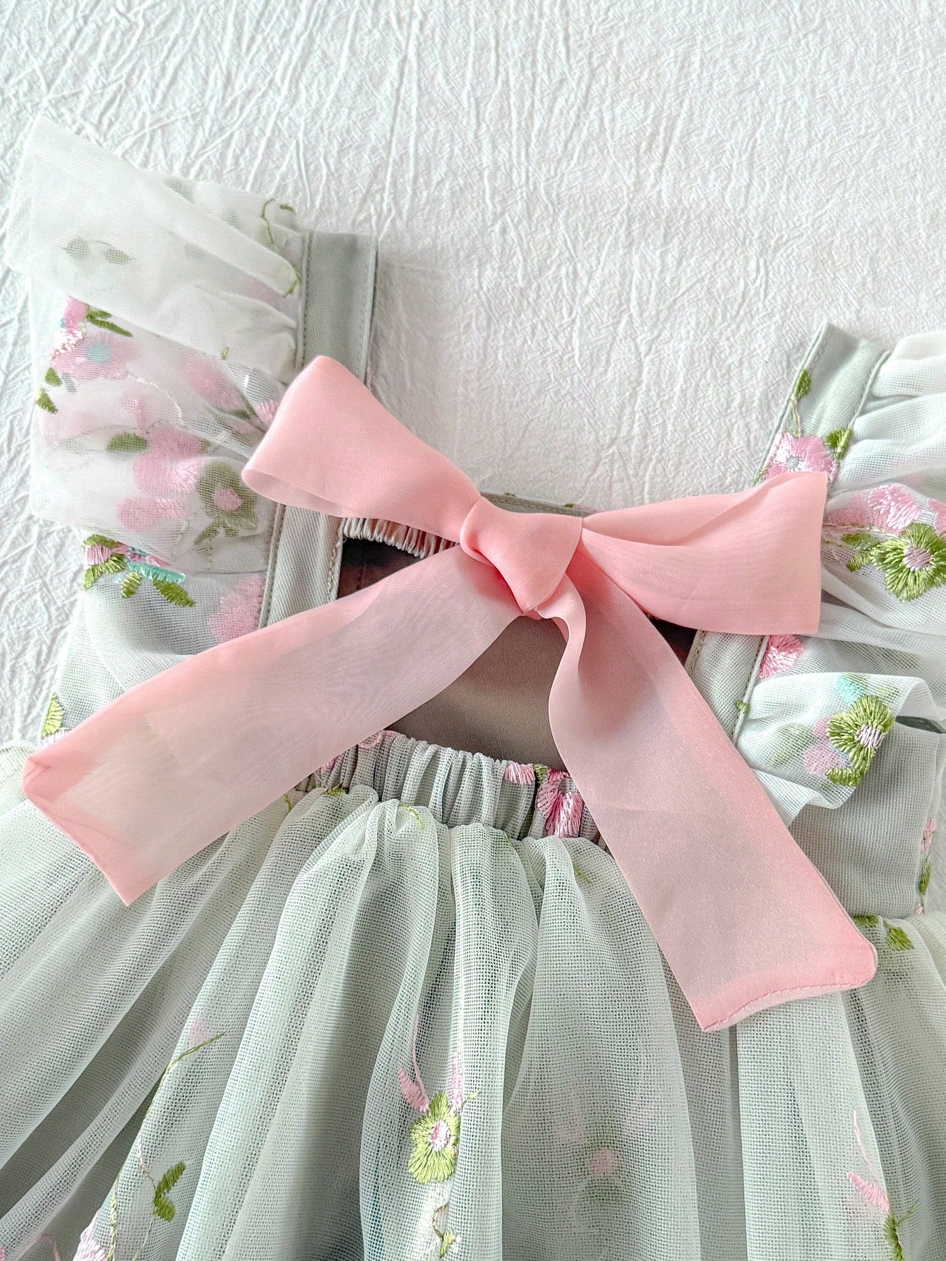 Cozy Pixies Baby Girl Toddler Girl Floral Embroidered Mesh Backless Butterfly Decor Sweetheart Neck Sleeveless Sage Green Summer Cute Flower Girl Princess Dress