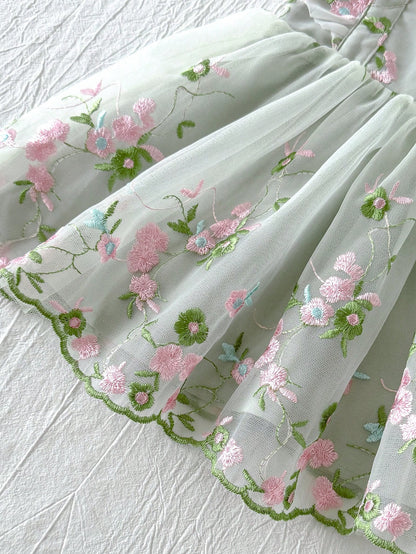 Cozy Pixies Baby Girl Toddler Girl Floral Embroidered Mesh Backless Butterfly Decor Sweetheart Neck Sleeveless Sage Green Summer Cute Flower Girl Princess Dress