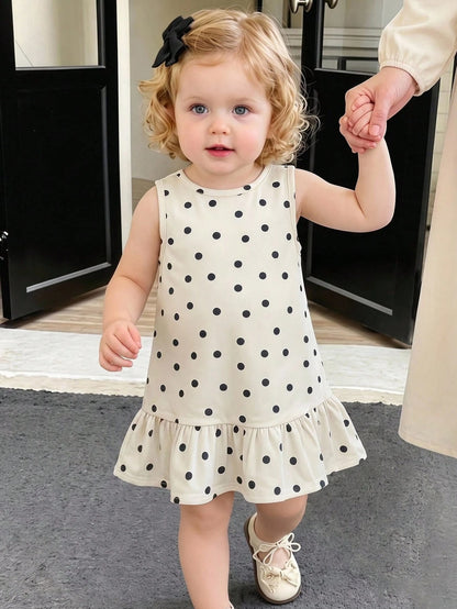 Cozy Pixies Babygirl Cute Polka Dot Ruffle Hem Sleeveless Casual Vacation Dress, Summer