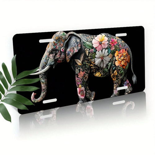 CP A 2D Design, Including Decorative License Plate Cover And Frame, Adorned With Floral Decoration And An Elephant. Made Of Waterproof Aluminum, Suitable For Both Men And Women, With Dimensions Of 12i
