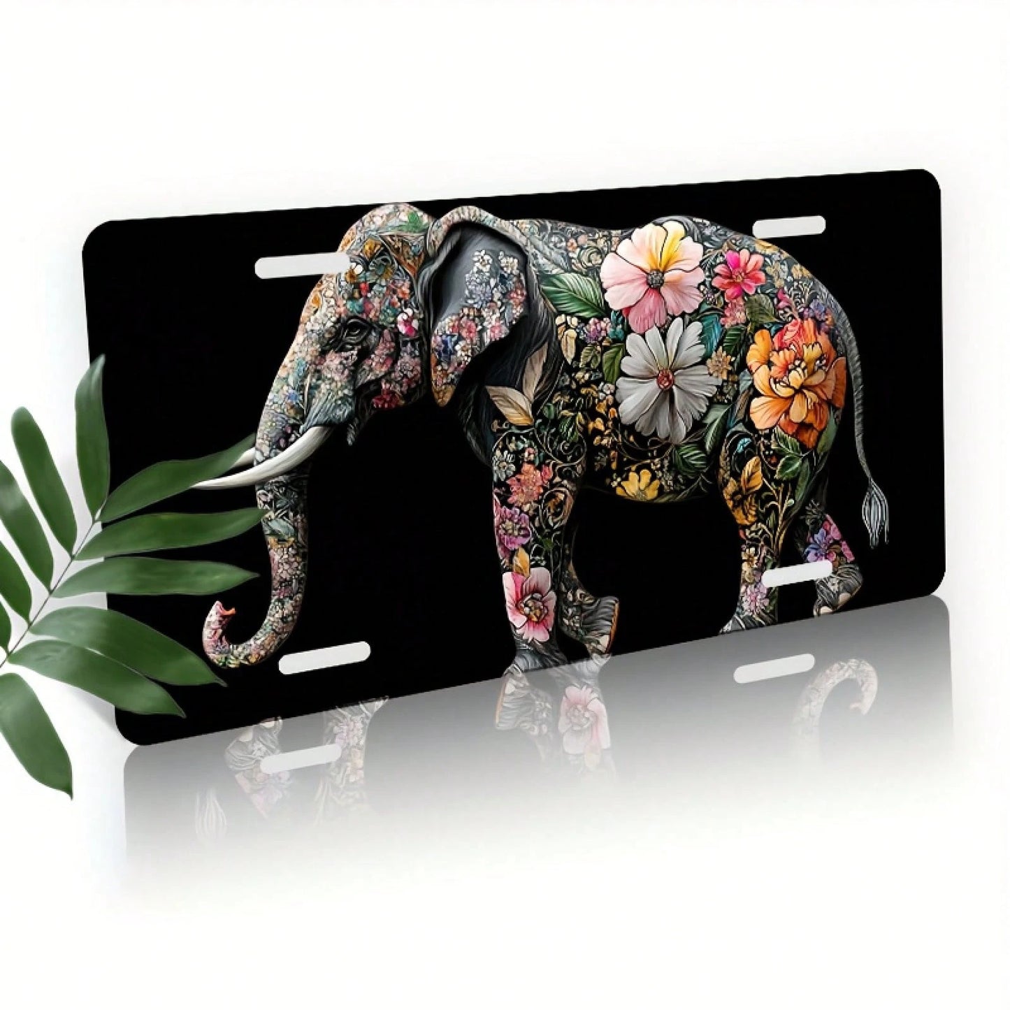 CP A 2D Design, Including Decorative License Plate Cover And Frame, Adorned With Floral Decoration And An Elephant. Made Of Waterproof Aluminum, Suitable For Both Men And Women, With Dimensions Of 12i
