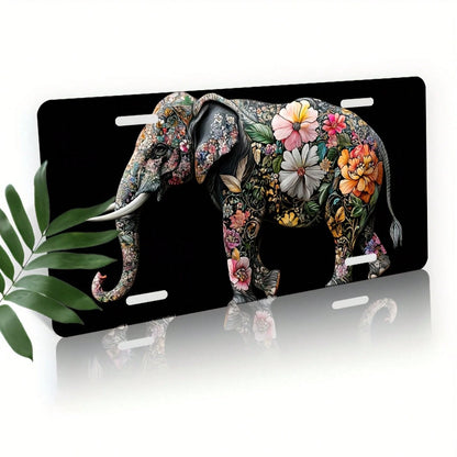 CP A 2D Design, Including Decorative License Plate Cover And Frame, Adorned With Floral Decoration And An Elephant. Made Of Waterproof Aluminum, Suitable For Both Men And Women, With Dimensions Of 12i