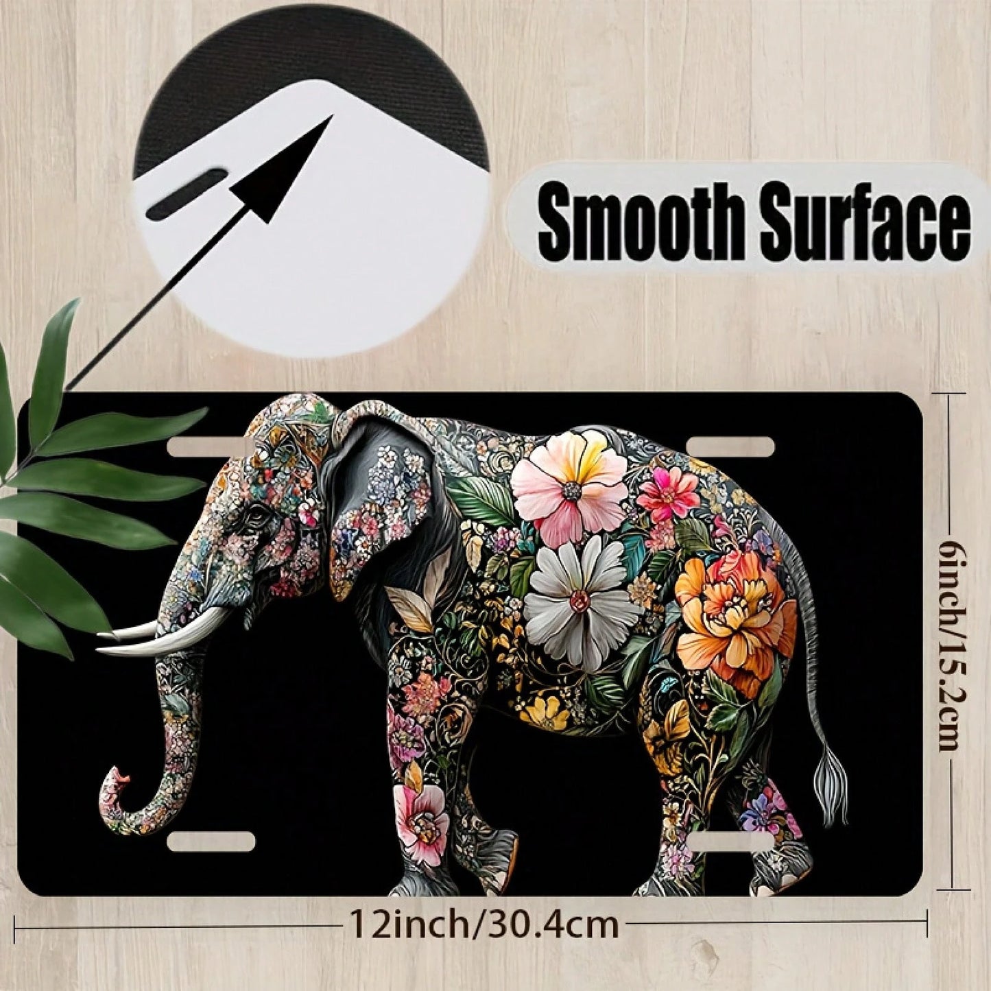 CP A 2D Design, Including Decorative License Plate Cover And Frame, Adorned With Floral Decoration And An Elephant. Made Of Waterproof Aluminum, Suitable For Both Men And Women, With Dimensions Of 12i
