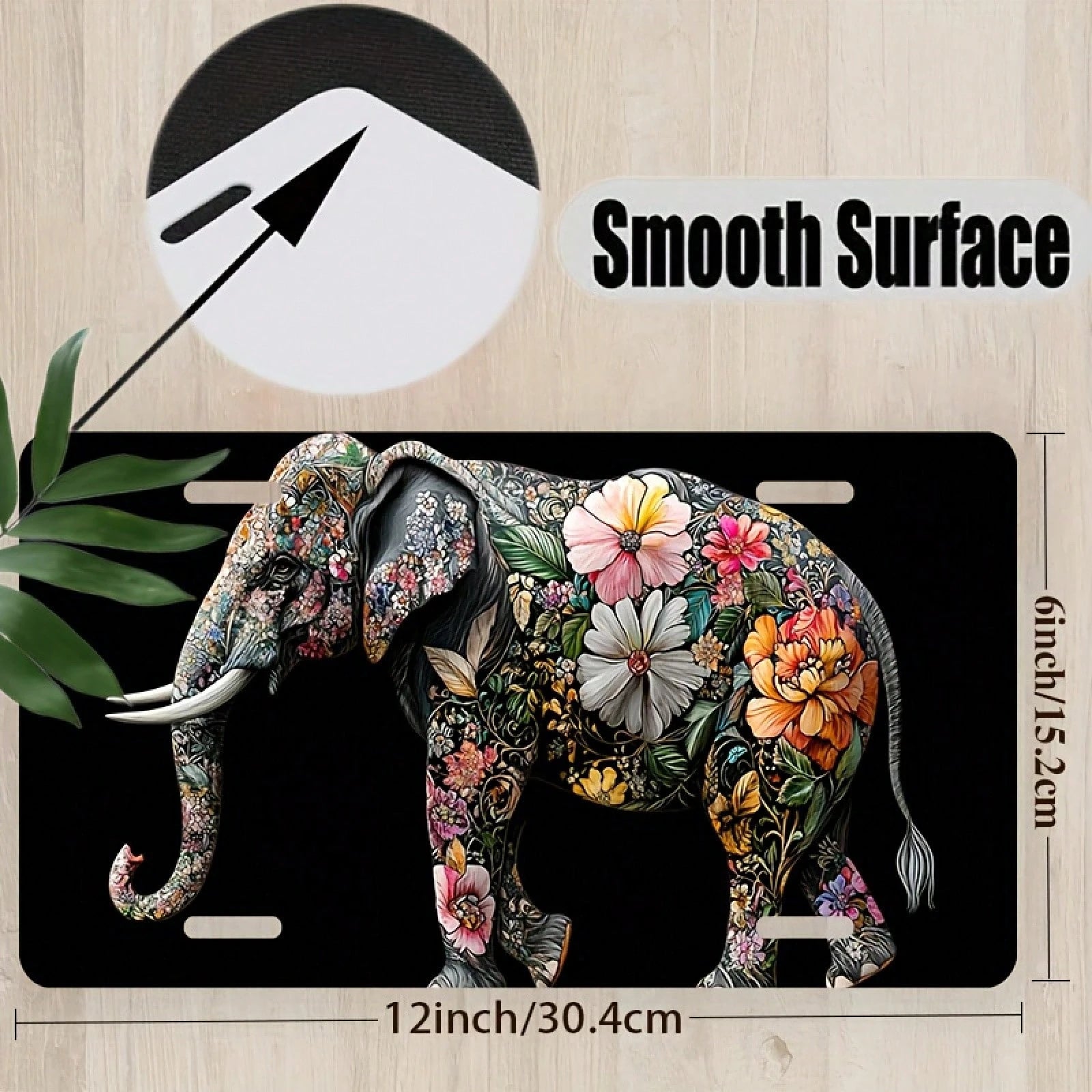 CP A 2D Design, Including Decorative License Plate Cover And Frame, Adorned With Floral Decoration And An Elephant. Made Of Waterproof Aluminum, Suitable For Both Men And Women, With Dimensions Of 12i