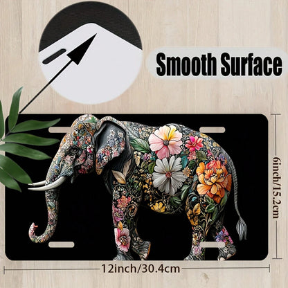 CP A 2D Design, Including Decorative License Plate Cover And Frame, Adorned With Floral Decoration And An Elephant. Made Of Waterproof Aluminum, Suitable For Both Men And Women, With Dimensions Of 12i
