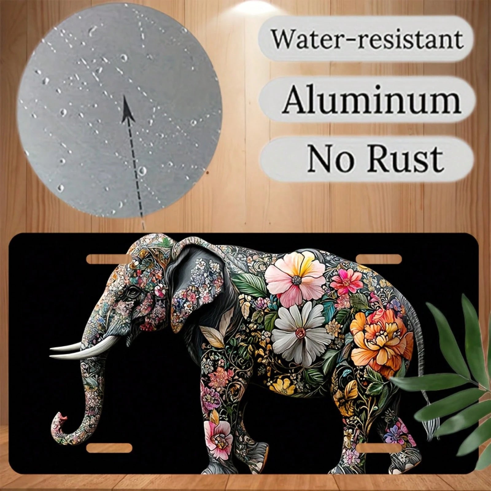 CP A 2D Design, Including Decorative License Plate Cover And Frame, Adorned With Floral Decoration And An Elephant. Made Of Waterproof Aluminum, Suitable For Both Men And Women, With Dimensions Of 12i