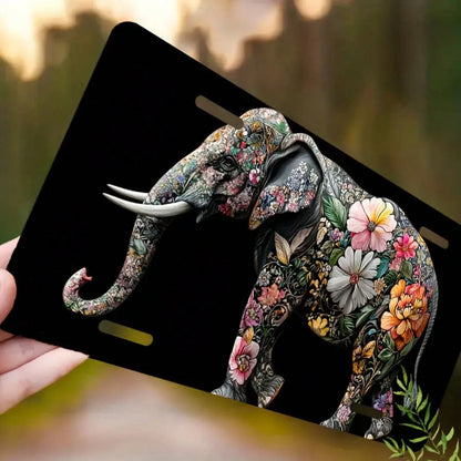 CP A 2D Design, Including Decorative License Plate Cover And Frame, Adorned With Floral Decoration And An Elephant. Made Of Waterproof Aluminum, Suitable For Both Men And Women, With Dimensions Of 12i