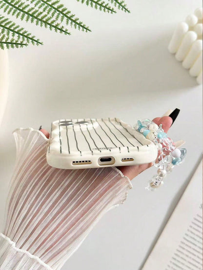 Cream Wavy Edge Glossy Striped Painted Anti-Drop Phone Case Protective Cover With Additional Handmade Beaded Bracelet Compatible With IPhone 16/11/16pro/16plus/16promax/16e/15Promax/13/14/12/XS/XR/7G
