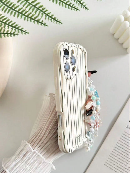 Cream Wavy Edge Glossy Striped Painted Anti-Drop Phone Case Protective Cover With Additional Handmade Beaded Bracelet Compatible With IPhone 16/11/16pro/16plus/16promax/16e/15Promax/13/14/12/XS/XR/7G