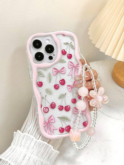 Cream Wavy Edge Glossy Striped Painted Anti-Drop Phone Case Protective Cover With Additional Handmade Beaded Bracelet Compatible With IPhone 16/11/16pro/16plus/16promax/16e/15Promax/13/14/12/XS/XR/7G