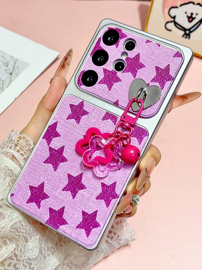 Creative Rose Red Star Plaid Pattern With Heart Hook Star Pendant Spray Painted TPU Full Coverage Phone Case Compatible With Galaxy S26 S25 S24 Ultra S24 Plus S24 FE S23 S22 A55 A54 A53 A52 A50 A30 A4