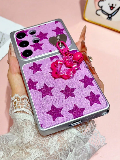 Creative Rose Red Star Plaid Pattern With Heart Hook Star Pendant Spray Painted TPU Full Coverage Phone Case Compatible With Galaxy S26 S25 S24 Ultra S24 Plus S24 FE S23 S22 A55 A54 A53 A52 A50 A30 A4