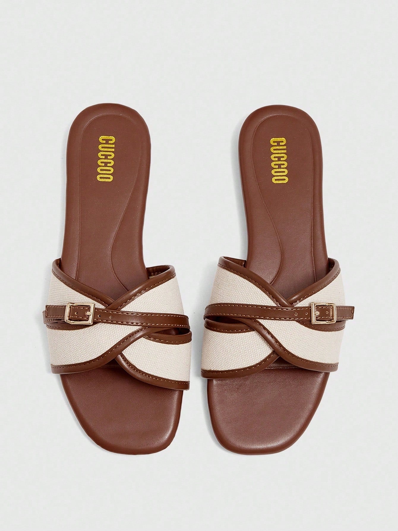 CUCCOO BIZCHIC Women's Fashion Brown Simple Buckle Color Block Flat Sandals Spring Shoes Summer Shoes
