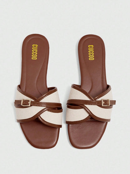 CUCCOO BIZCHIC Women's Fashion Brown Simple Buckle Color Block Flat Sandals Spring Shoes Summer Shoes