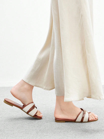 CUCCOO BIZCHIC Women's Fashion Brown Simple Buckle Color Block Flat Sandals Spring Shoes Summer Shoes