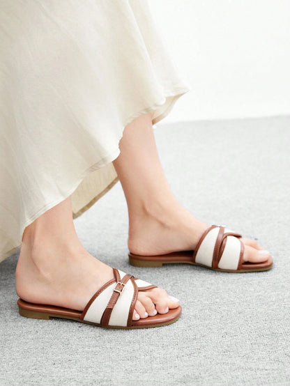 CUCCOO BIZCHIC Women's Fashion Brown Simple Buckle Color Block Flat Sandals Spring Shoes Summer Shoes