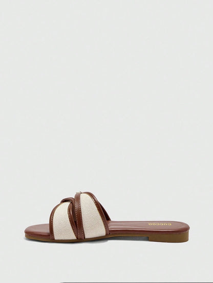 CUCCOO BIZCHIC Women's Fashion Brown Simple Buckle Color Block Flat Sandals Spring Shoes Summer Shoes