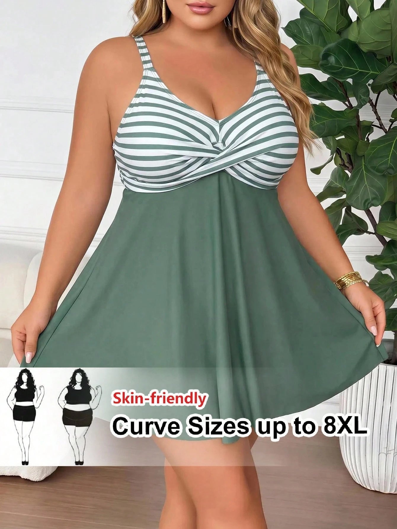 CURVE+ 2026 New Plus Size Women's 2-Piece White Print Camisole Top And High Waist Bikini Bottom Swimsuit, Summer Beach Vacation Swimwear, Swim Skirt Set