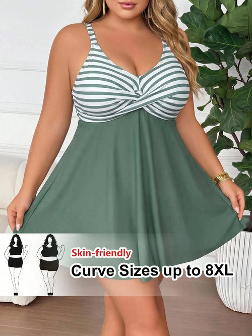 CURVE+ 2026 New Plus Size Women's 2-Piece White Print Camisole Top And High Waist Bikini Bottom Swimsuit, Summer Beach Vacation Swimwear, Swim Skirt Set