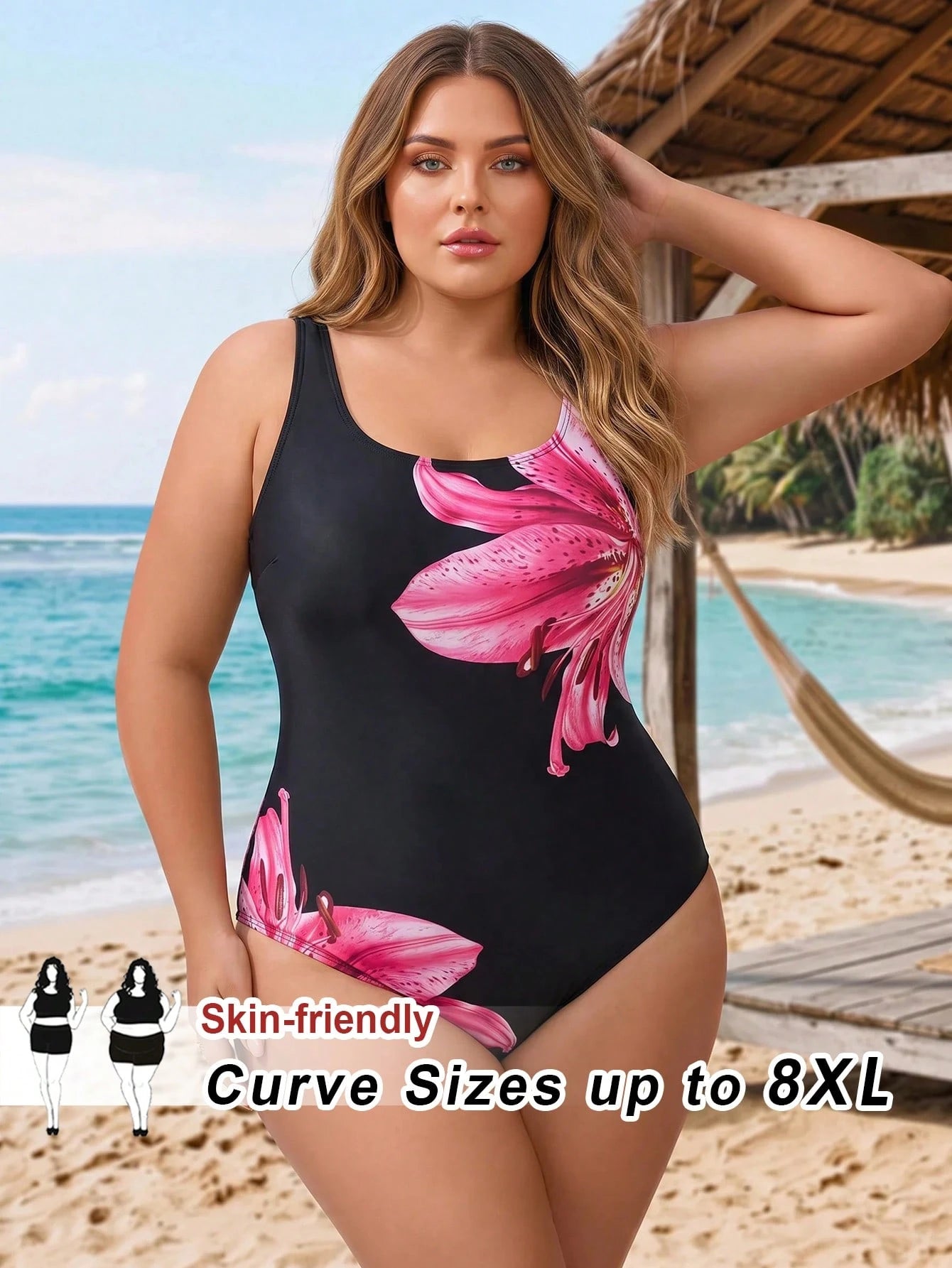 CURVE+ 2026 Plus Size Floral Print One-Piece Swimsuit For Beach & Resort