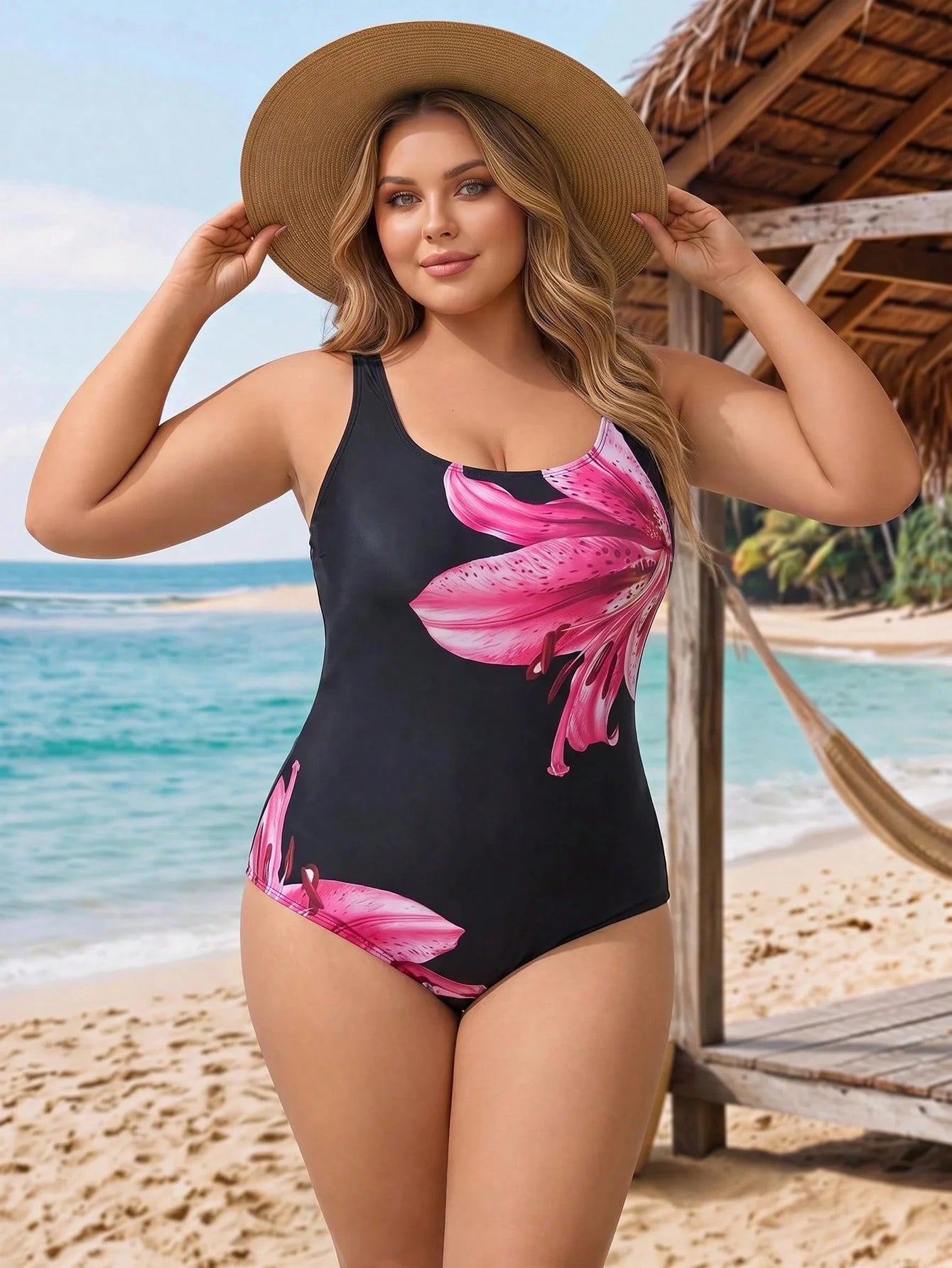 CURVE+ 2026 Plus Size Floral Print One-Piece Swimsuit For Beach & Resort