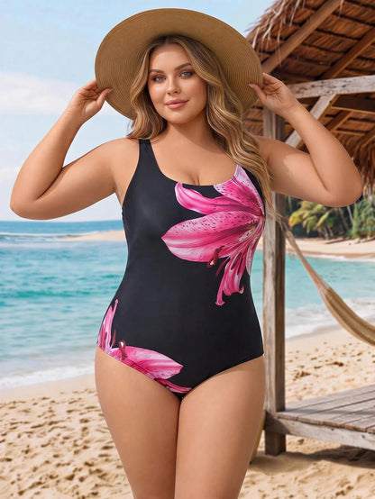 CURVE+ 2026 Plus Size Floral Print One-Piece Swimsuit For Beach & Resort